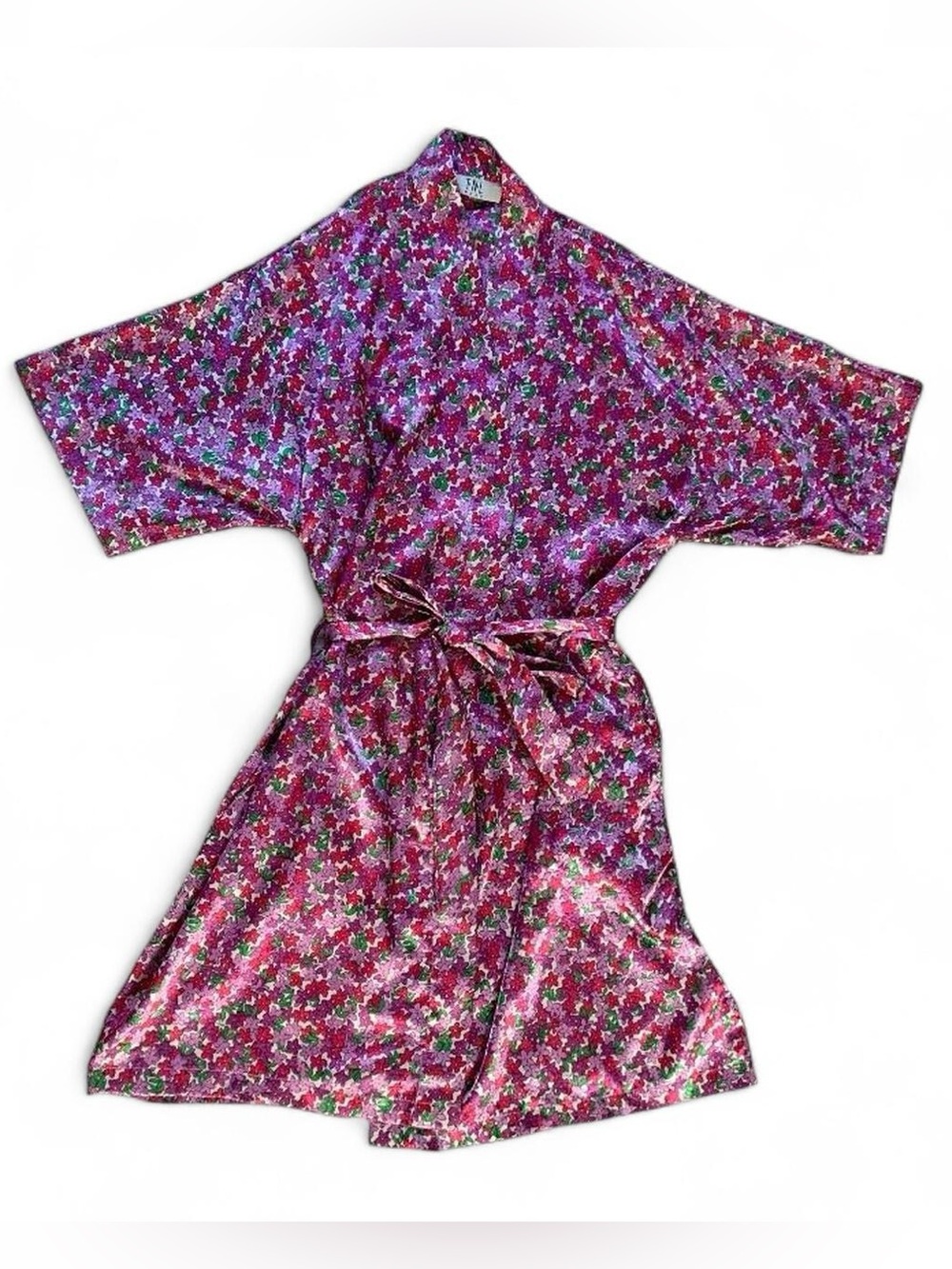 Vintage TNL Mode Pink, Purple, & Green Floral Print Satin Robe Size M